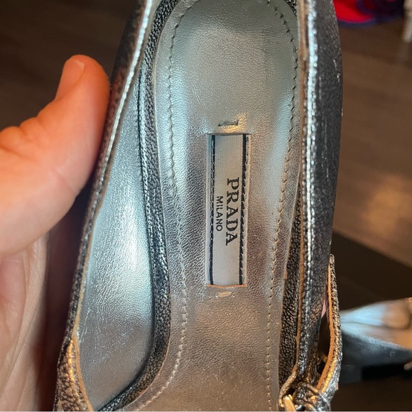 NWT | PRADA Silver Mary Jane Heels Square Toe Madras Fume Argentina 38.5 - Picture 4 of 9